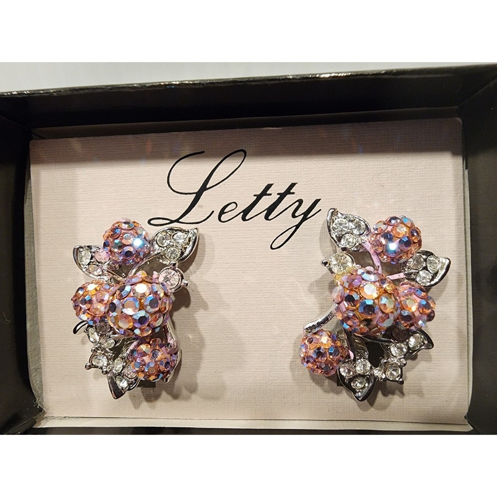 Letty silvertone  pink and diamond rhinestone clip on earrings